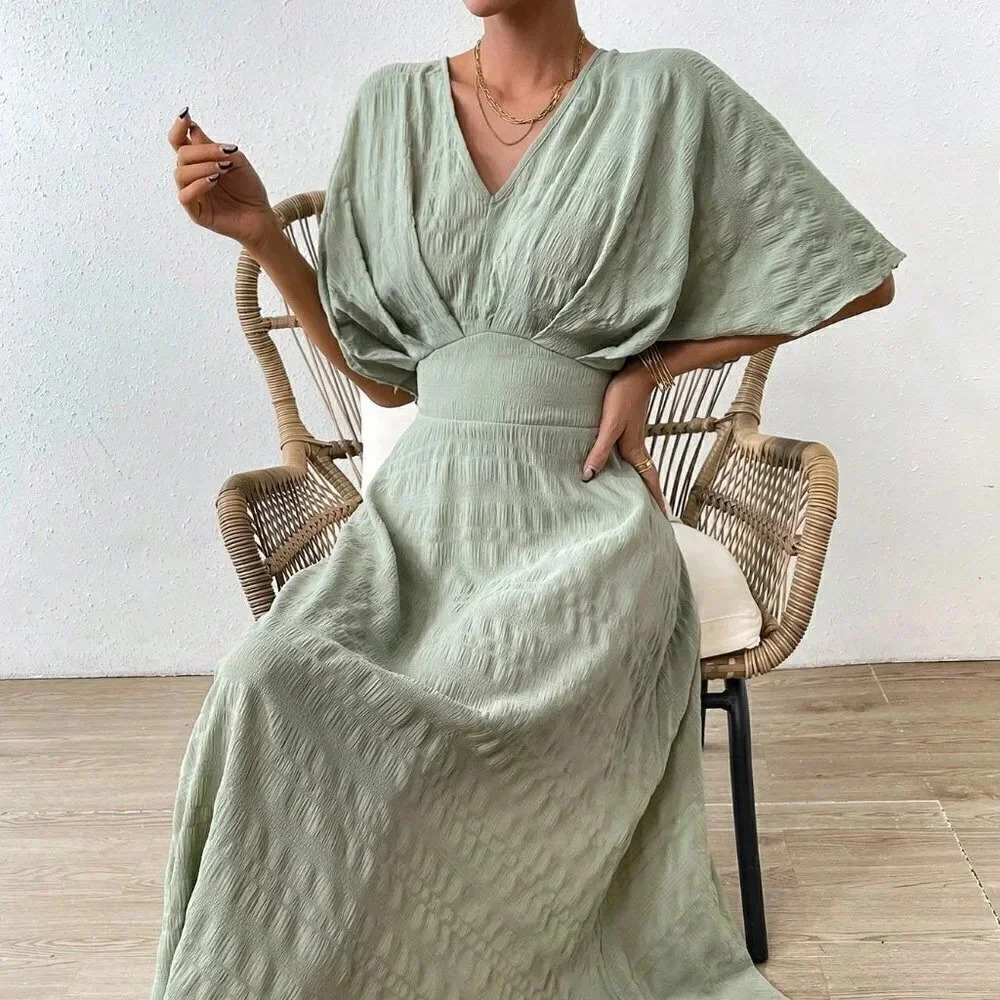 Mint Green Casual Women's Solid Batwing Sleeve A-line Dress - Picture 2 of 5